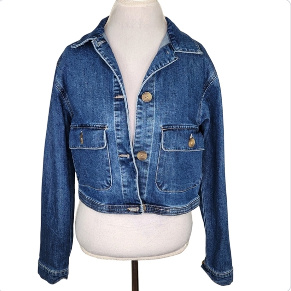 Rachel Zoe Blue Medium Wash Button Up Crop Denim Jacket Size Medium - Picture 2 of 10